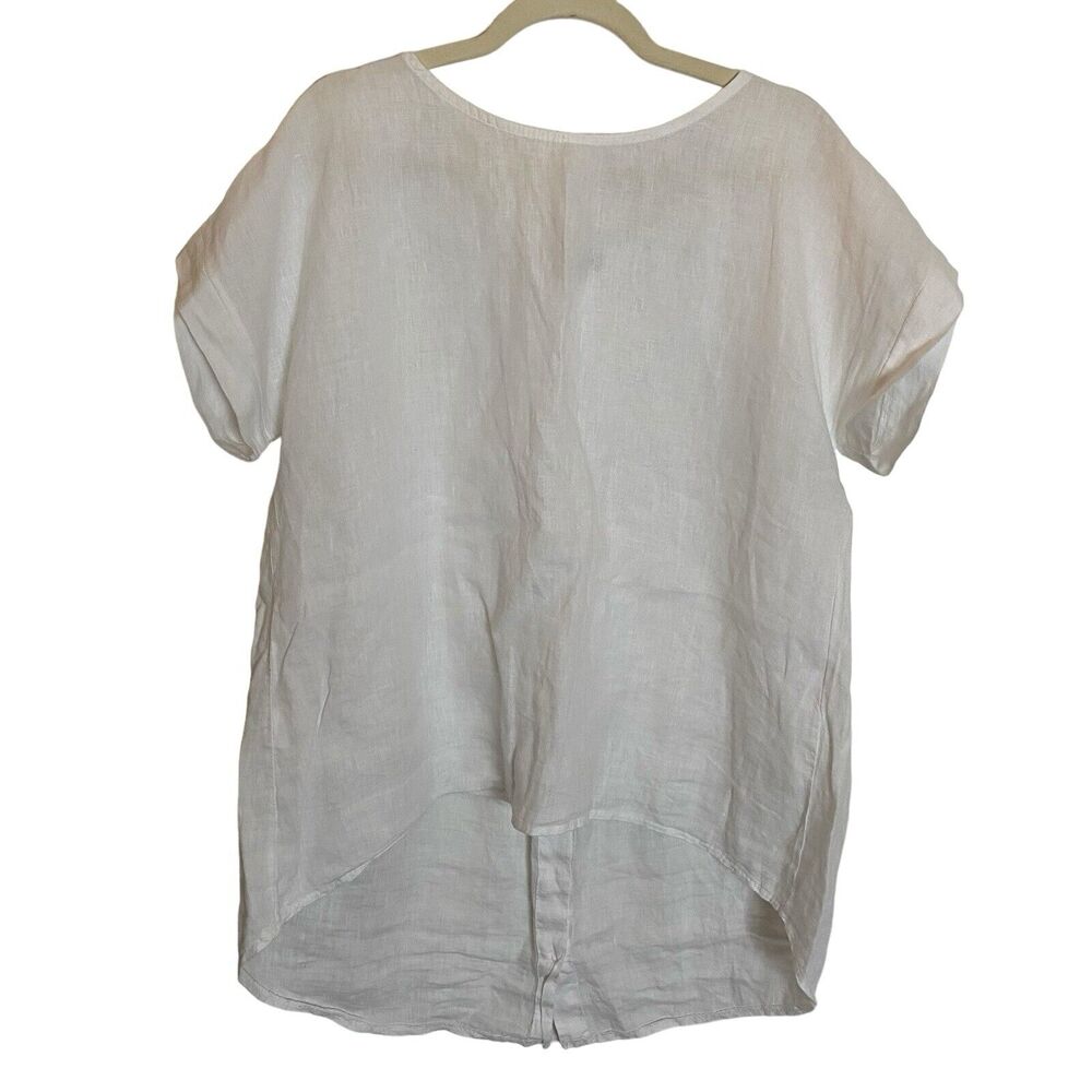 Terzo Millennio Womens 100% Linen White Top Buttons On Back Medium Hi- Low Beach